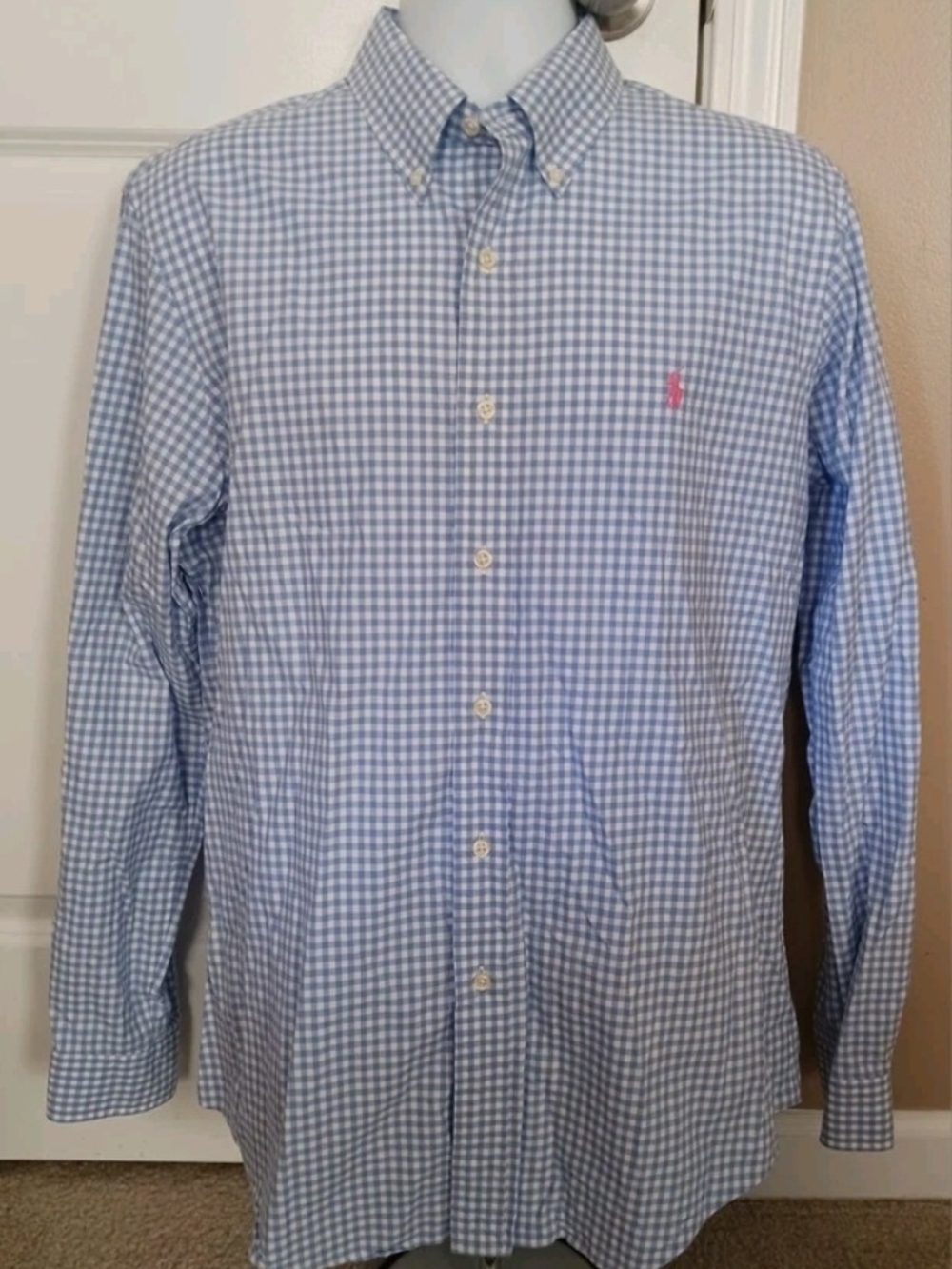 Ralph Lauren Men's Large Light Blue And White Gingham Button-Down Dress Shirt